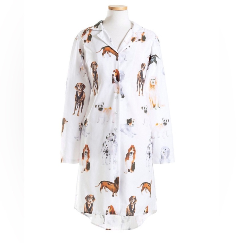 Pine Cone Hill Fine Linen Womens Dog Print Night Shirt Dress White SZ M - Picture 2 of 13